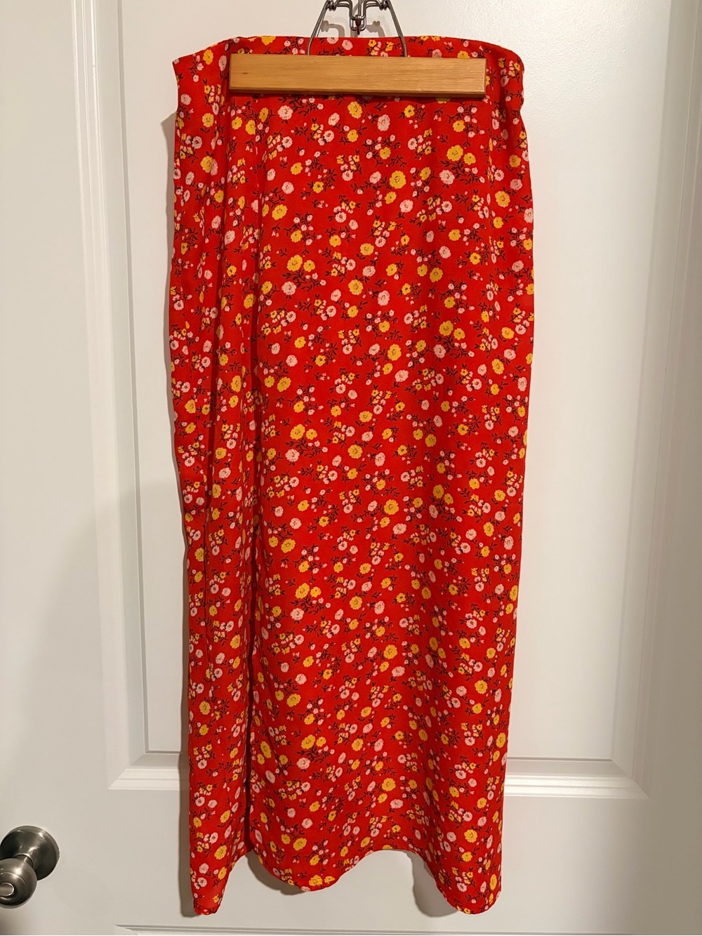 Bright Red Floral Midi Skirt